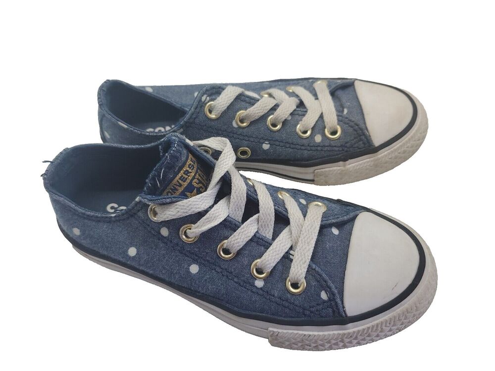 Converse All Star Girls sz 12 Ox Sneakers Shoes Denim Blue Polka Dot